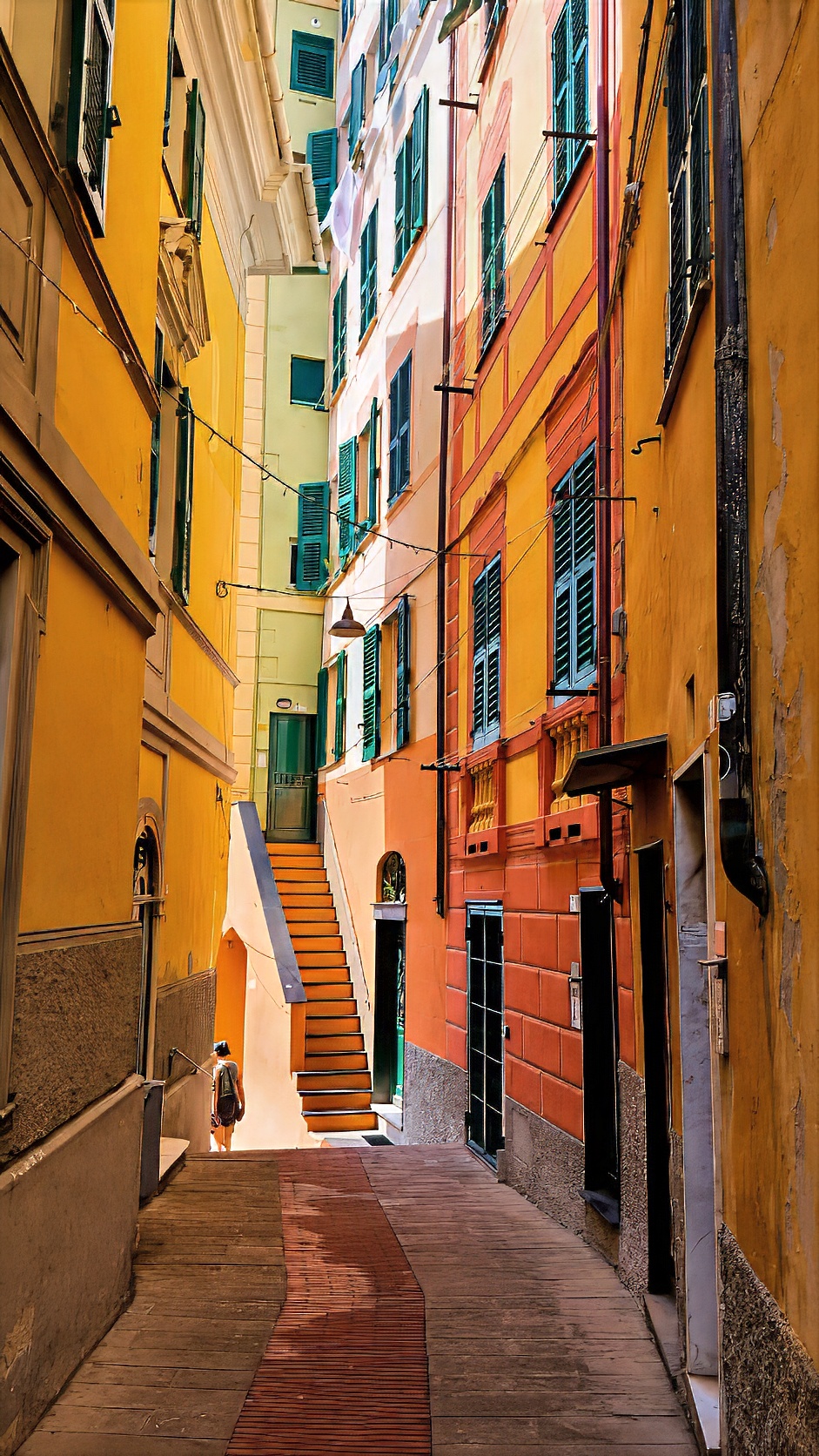 A narrow lane between tall painted houses, with a stairway climbing on one side.