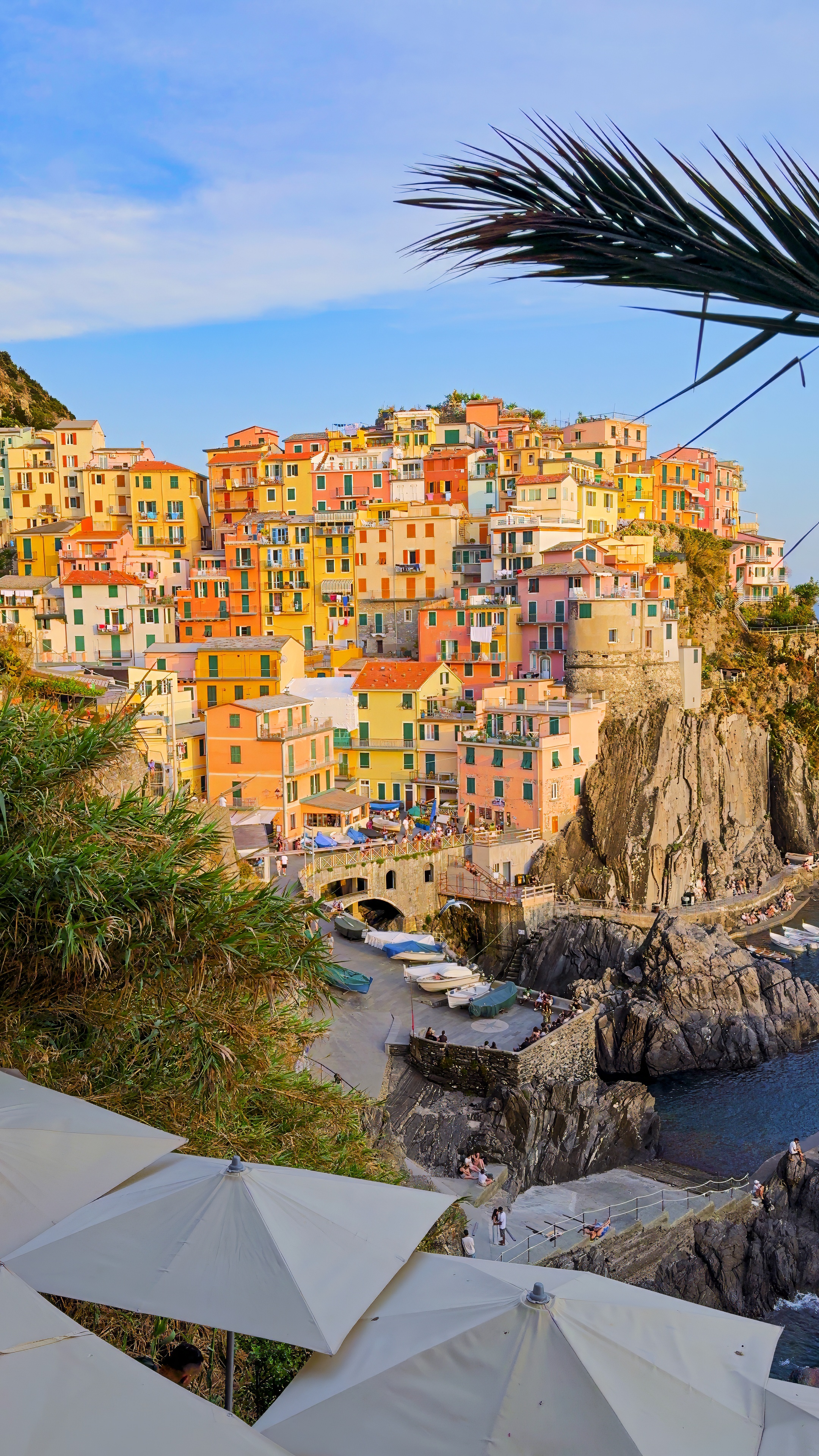 Manarola's coloured houses on the rock above the sea, seen from a terrace with white parasols.