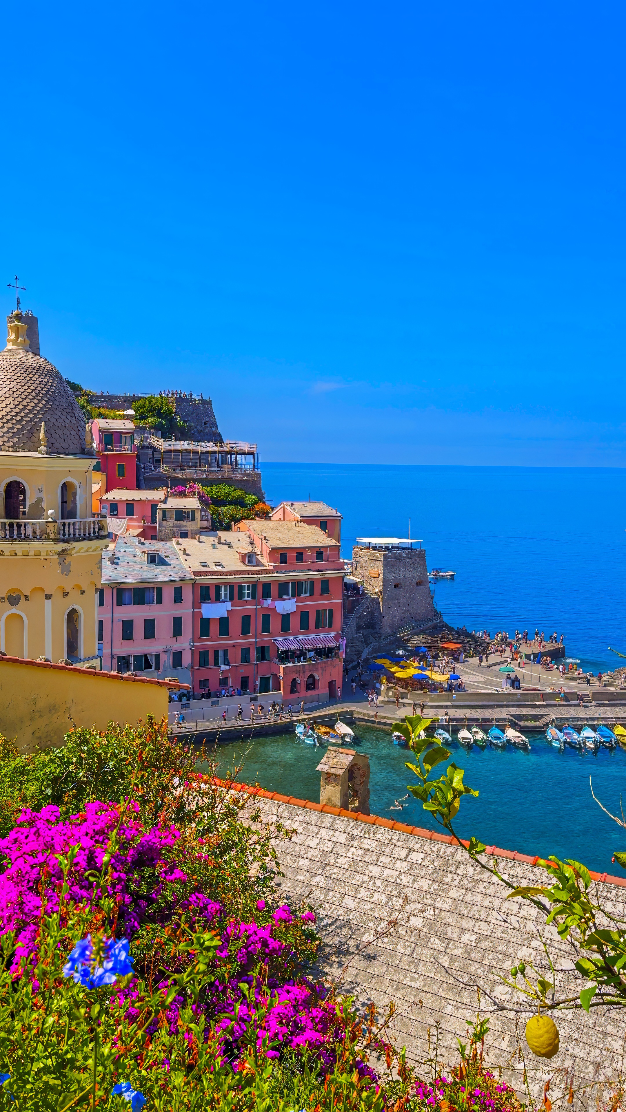 Houses and a stone tower above a small harbour, with flowers in the foreground.