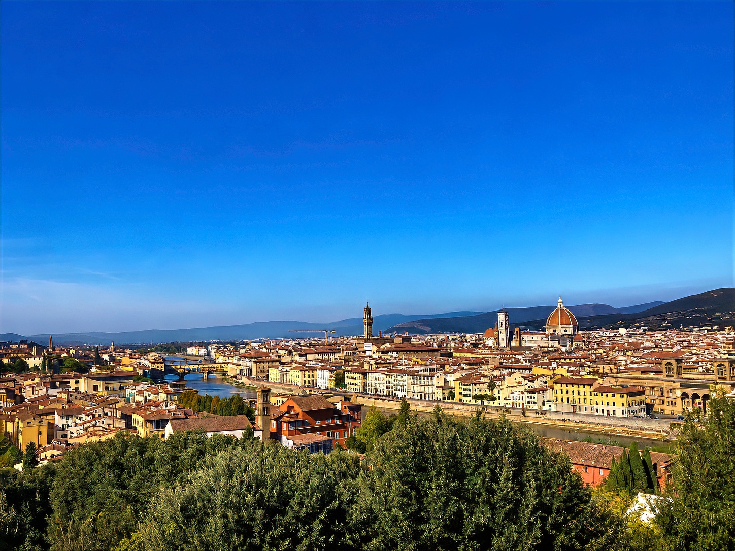A panorama of Florence from above, terracotta rooftops spreading towards the cathedral dome.