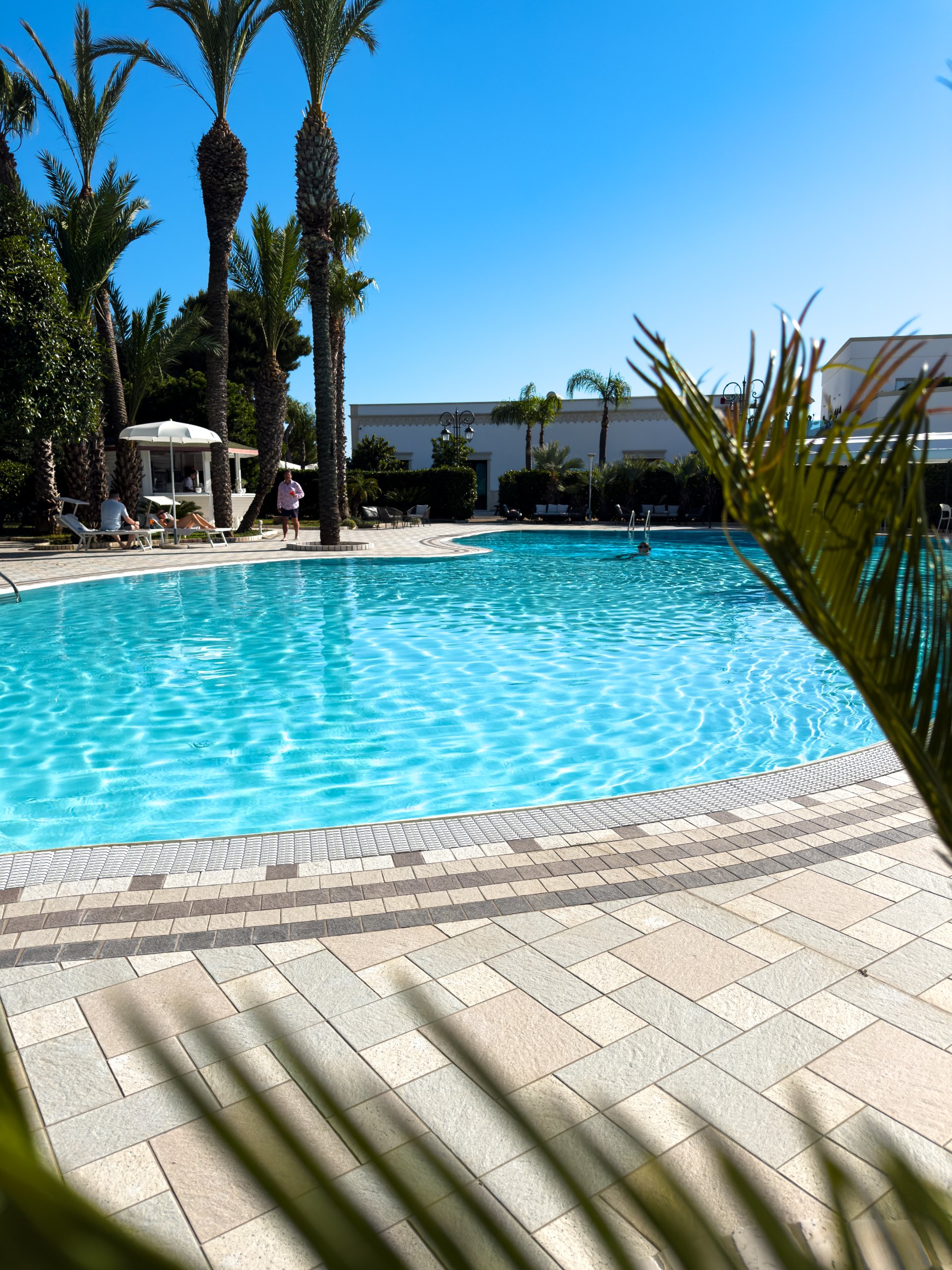 The pool at Giardino dei Pini, bright blue under tall palms, with loungers and umbrellas beyond