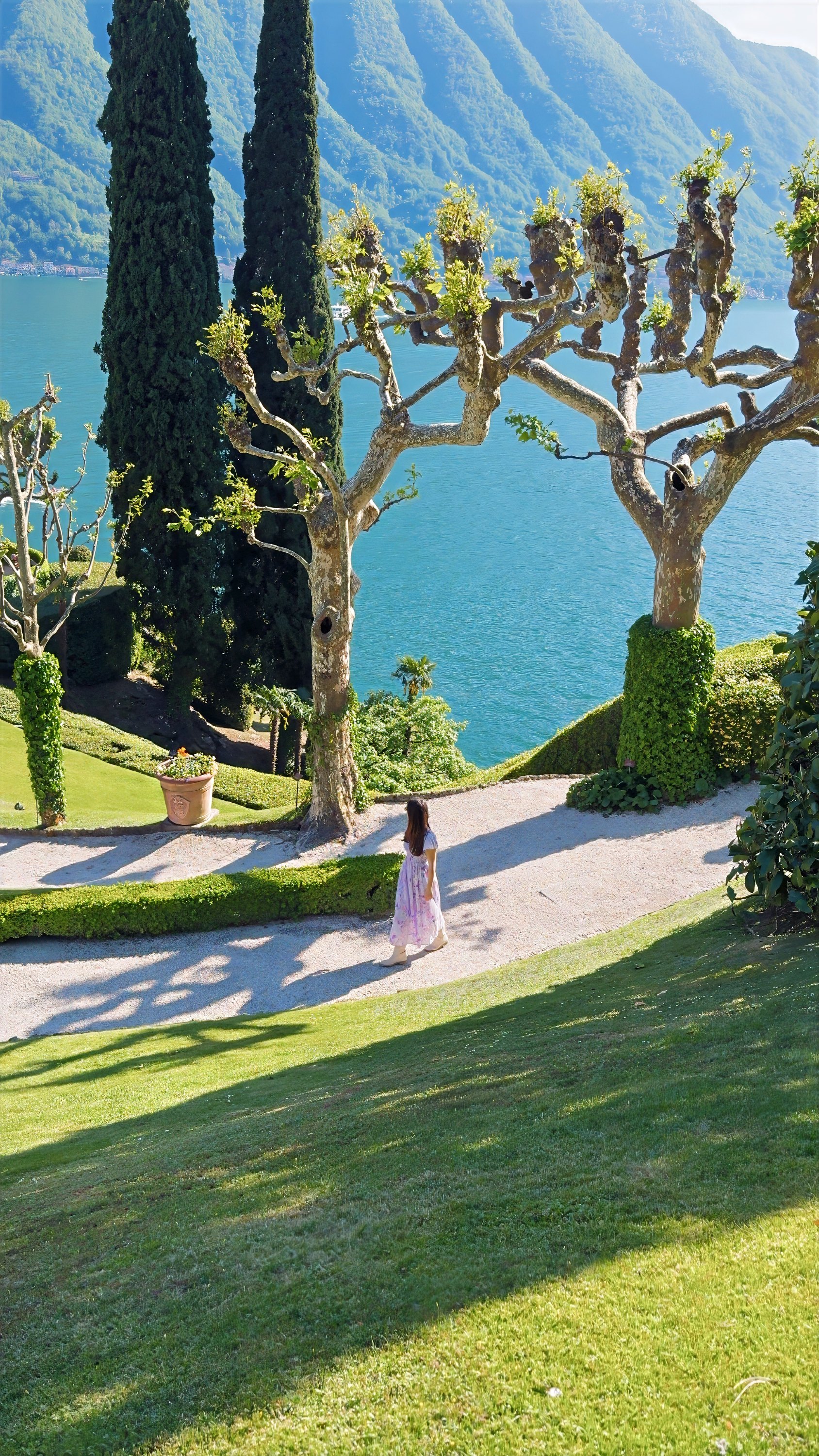 Barbara on a lawn beneath pollarded plane trees and a tall cypress, with the lake beyond.