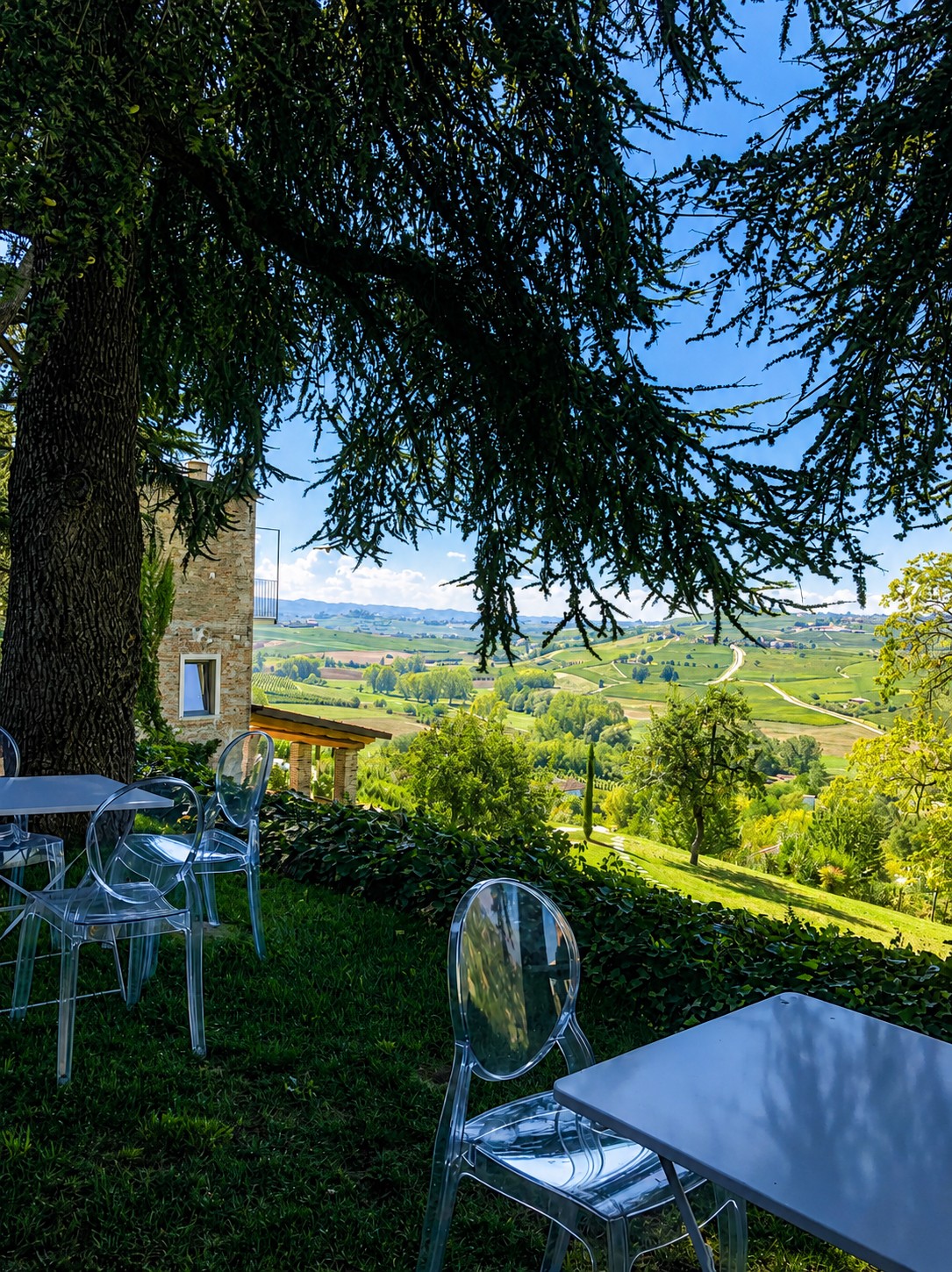 White tables and clear chairs on a lawn beneath a large tree, with vineyard hills beyond.