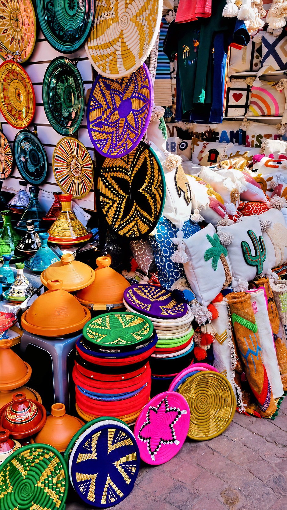 Woven baskets and bags stacked and hanging at a stall.