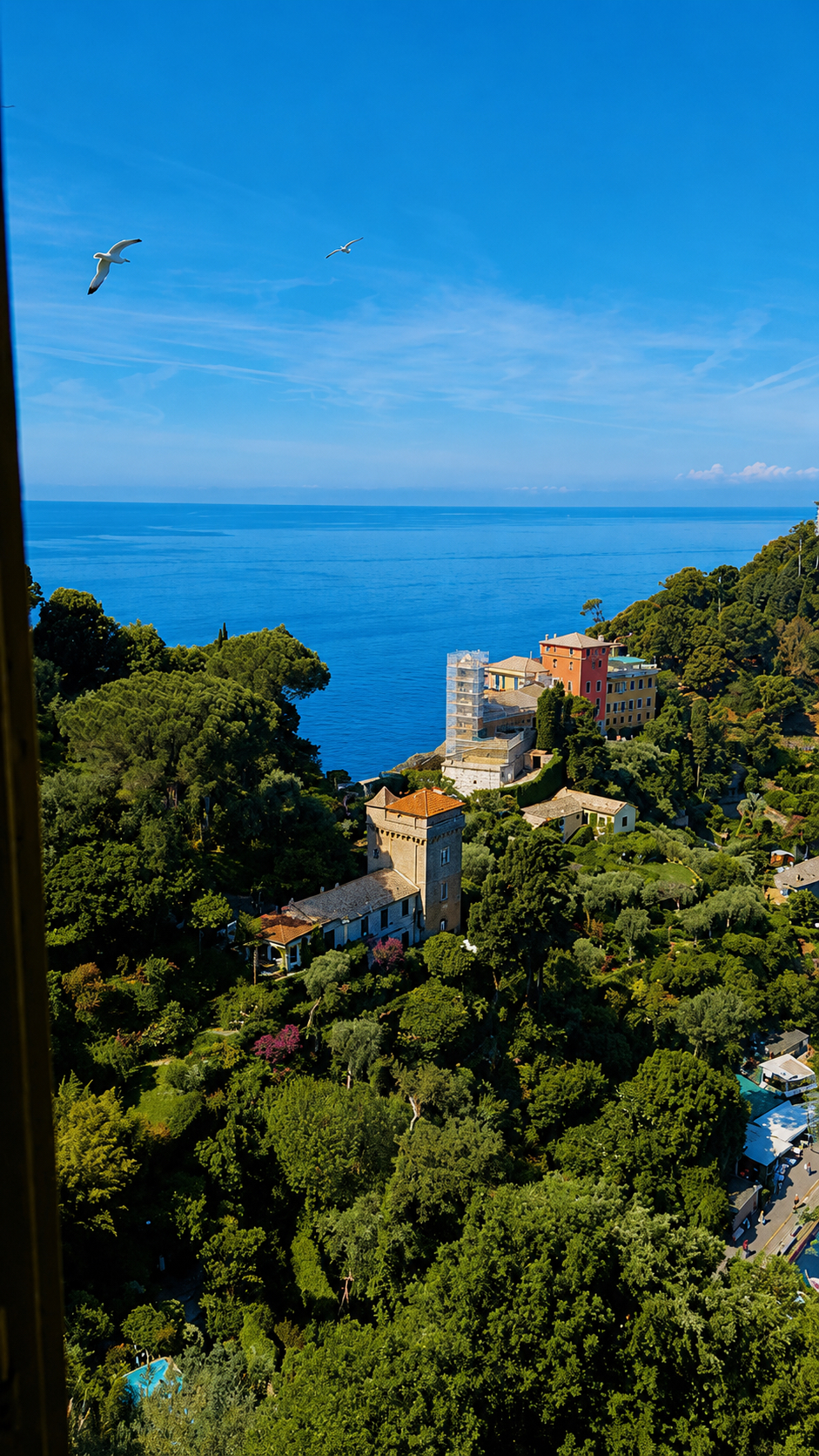A green, wooded headland seen from above, with a few buildings and the open sea behind.
