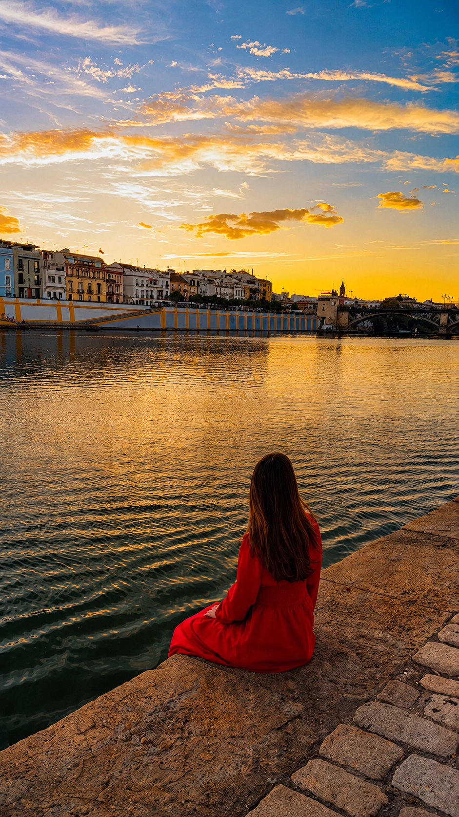 Barbara on the riverbank at sunset, looking across the Guadalquivir to Triana