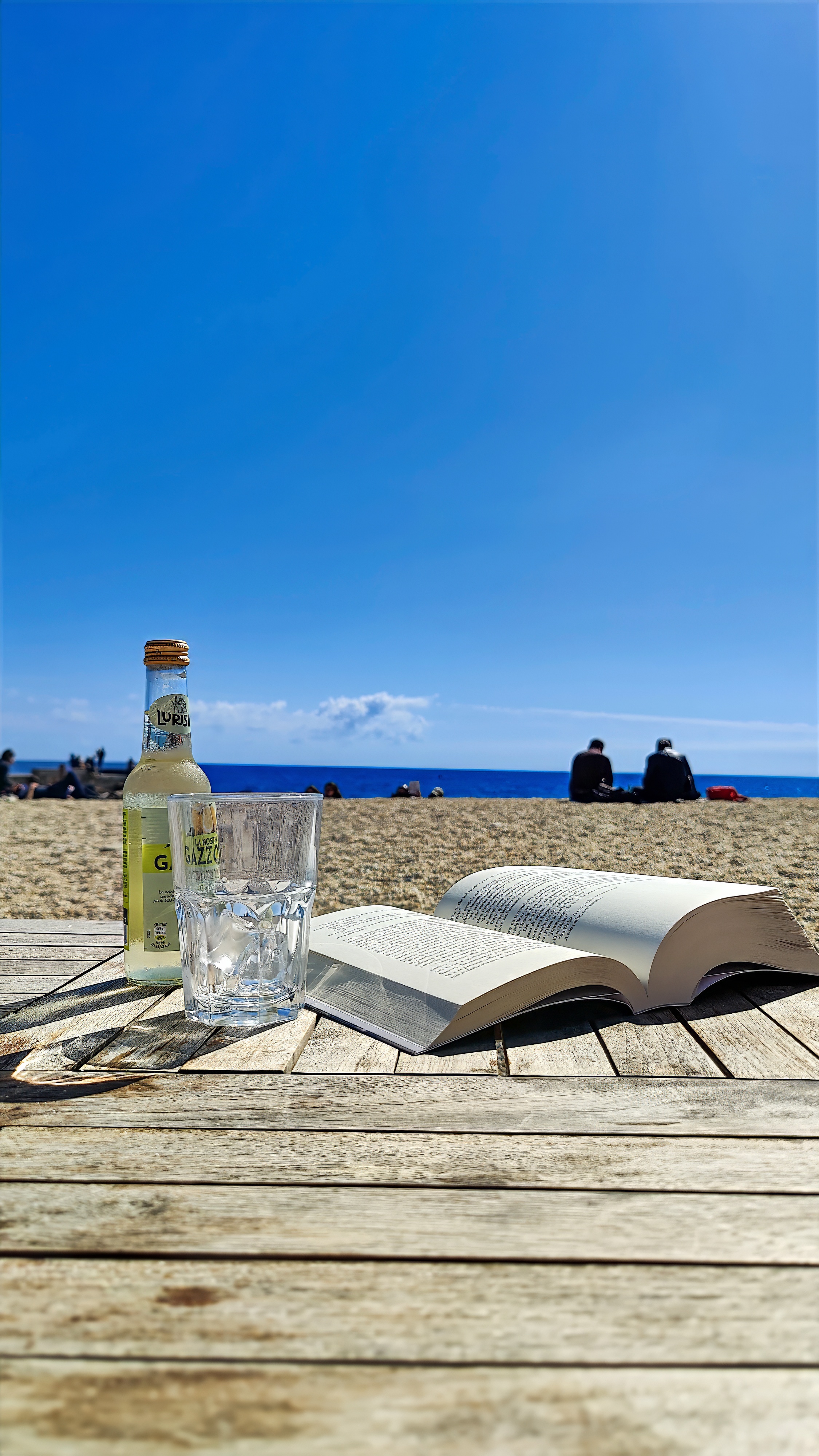 A bottle, a glass and an open book on a wooden table, with the beach and the sea behind.
