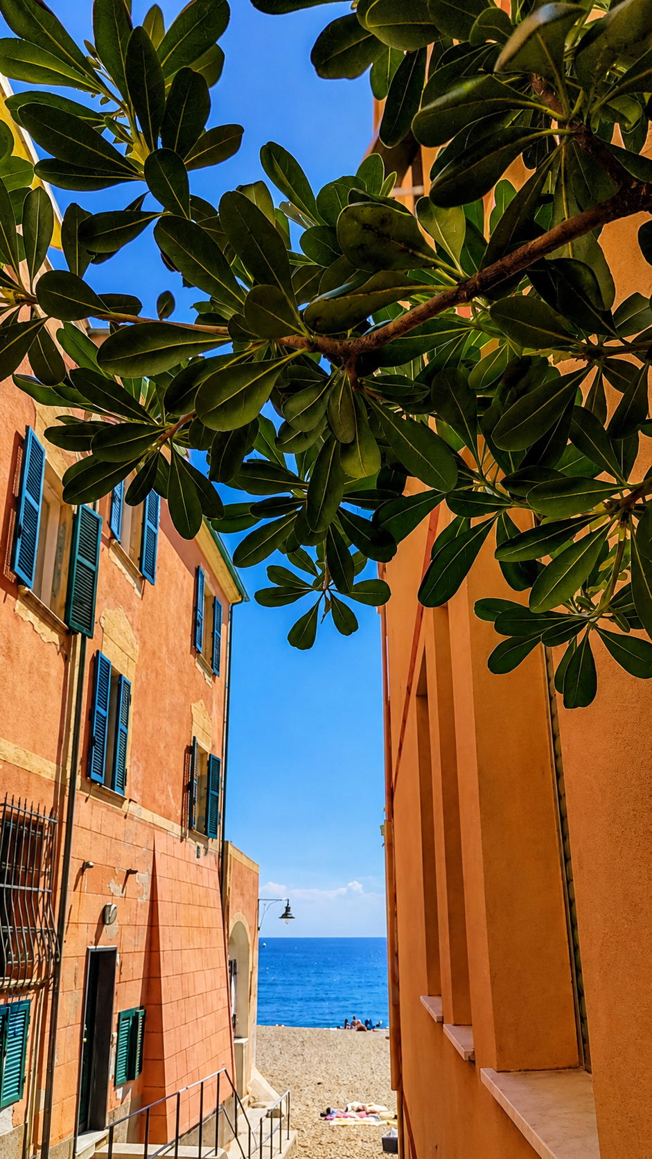 Leaves overhanging a lane between pastel houses, with a glimpse of the beach and the sea at the end.